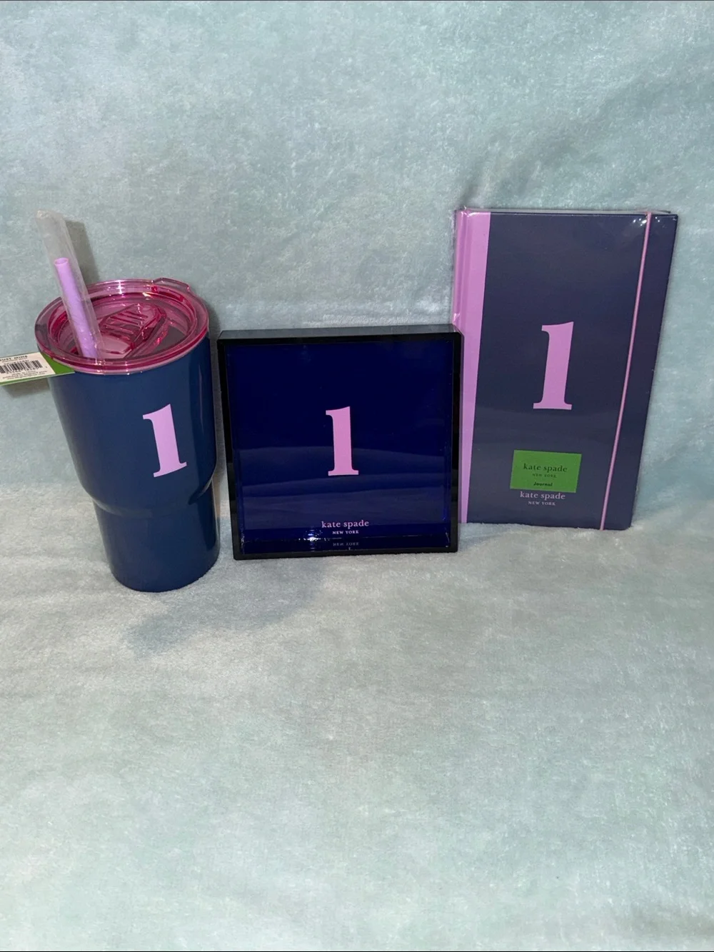 kate spade Navy and Pink ‘l’ Tumbler, Tray & Notebook Trio